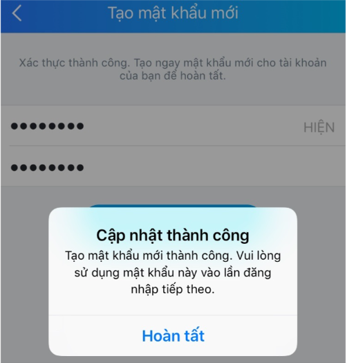 Lấy lại mật khẩu thành công